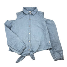 Load image into Gallery viewer, Girls Target, chambray cotton open-shoulder tie front top, GUC, size 8,  