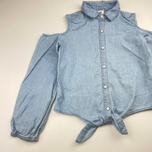 Load image into Gallery viewer, Girls Target, chambray cotton open-shoulder tie front top, GUC, size 8,  
