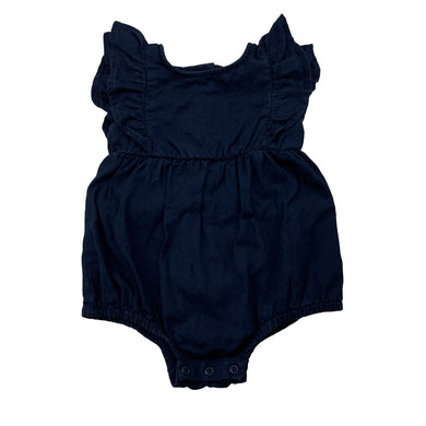 Girls Sprout, navy lyocell / linen ruffle romper, GUC, size 0,  