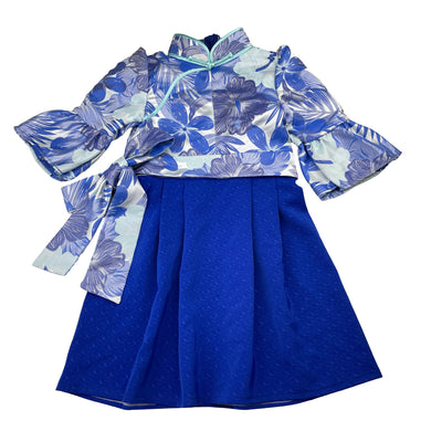 Girls lightweight, blue floral dress, no labels, armpit to armpit: 26cm, EUC, size 2-3, L: 52cm