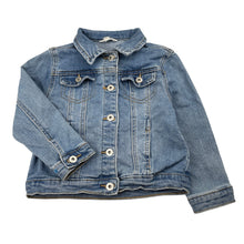 Load image into Gallery viewer, Girls Milkshake, blue stretch denim jacket, mark back right cuff, FUC, size 3,  