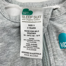 Load image into Gallery viewer, Unisex Love to Dream, organic cotton SLEEP SUIT, 1.5 Tog, wash fade, FUC, size 3,  