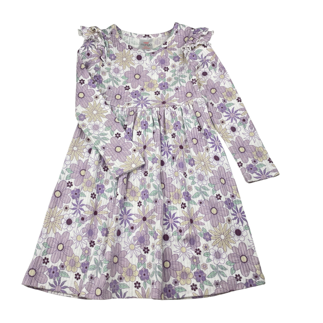 Girls Mango, floral ribbed long sleeve dress, EUC, size 4, L: 54cm