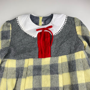 Girls vintage, lined wool / viscose long sleeve dress, armpit to armpit: 37.5cm, shoulder to cuff: 45cm, EUC, size 8, L: 69cm