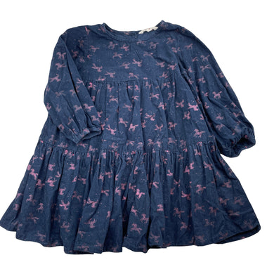 Girls Milkshake, navy corduroy cotton dress, wash fade glitter unicorns, FUC, size 4, L: 55cm
