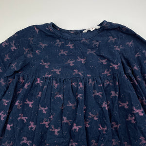 Girls Milkshake, navy corduroy cotton dress, wash fade glitter unicorns, FUC, size 4, L: 55cm