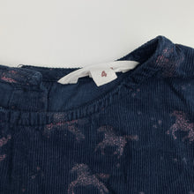 Load image into Gallery viewer, Girls Milkshake, navy corduroy cotton dress, wash fade glitter unicorns, FUC, size 4, L: 55cm