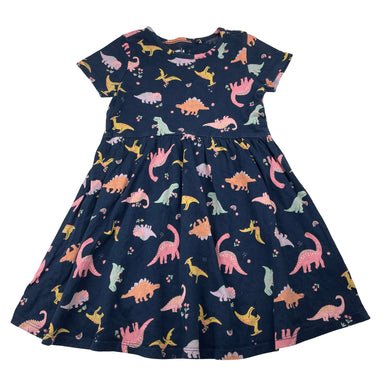 Girls Anko, navy cotton dress, dinosaurs, GUC, size 4, L: 55cm