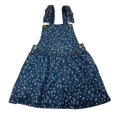 Girls Anko, floral stretch denim overalls dress / pinafore, GUC, size 6, L: 57cm