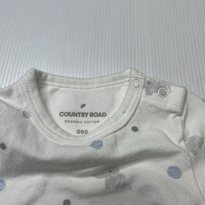 Unisex Country Road, organic cotton blend bodysuit / romper, elephants, EUC, size 000,  