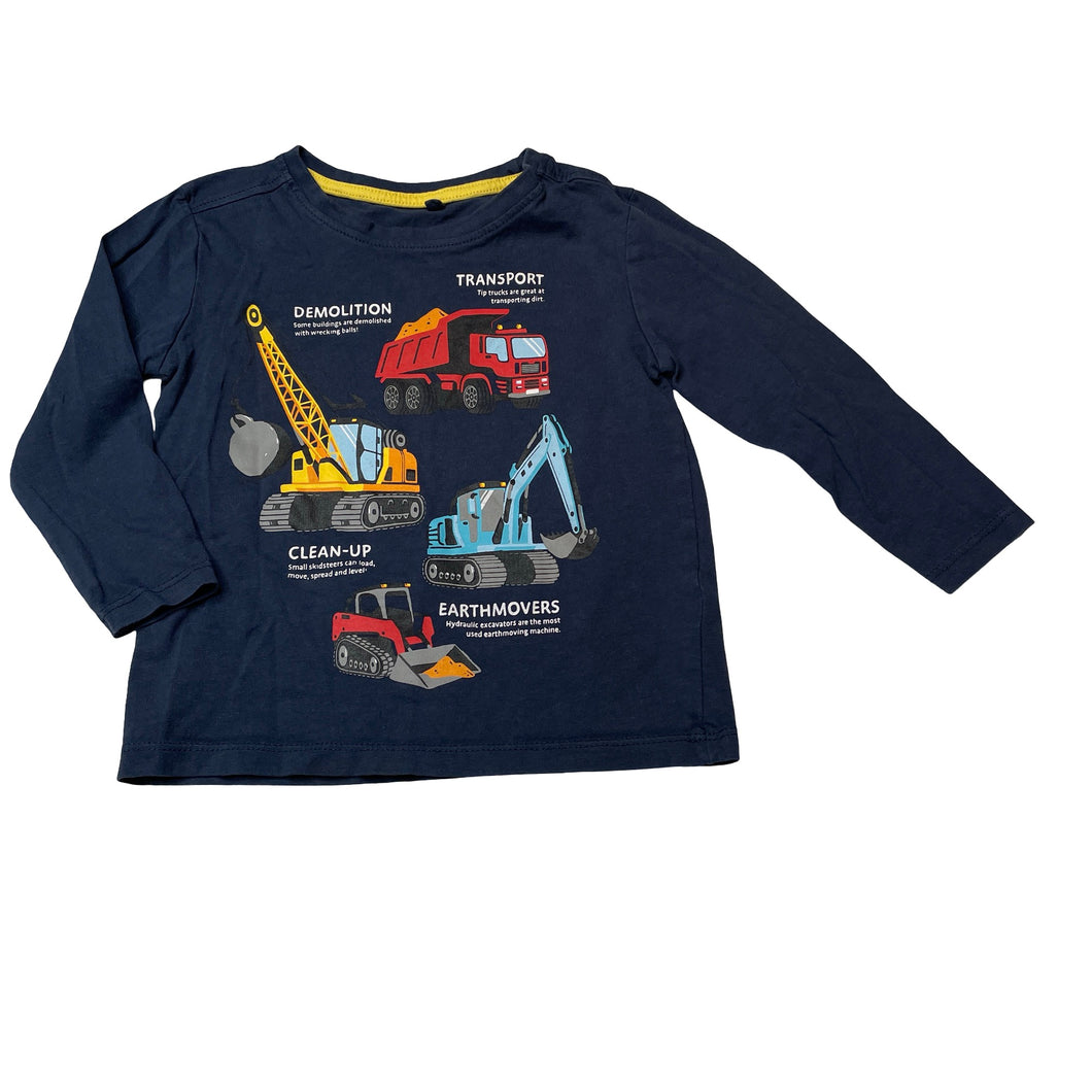 Boys Anko, navy cotton long sleeve tee / top, diggers, EUC, size 2,  