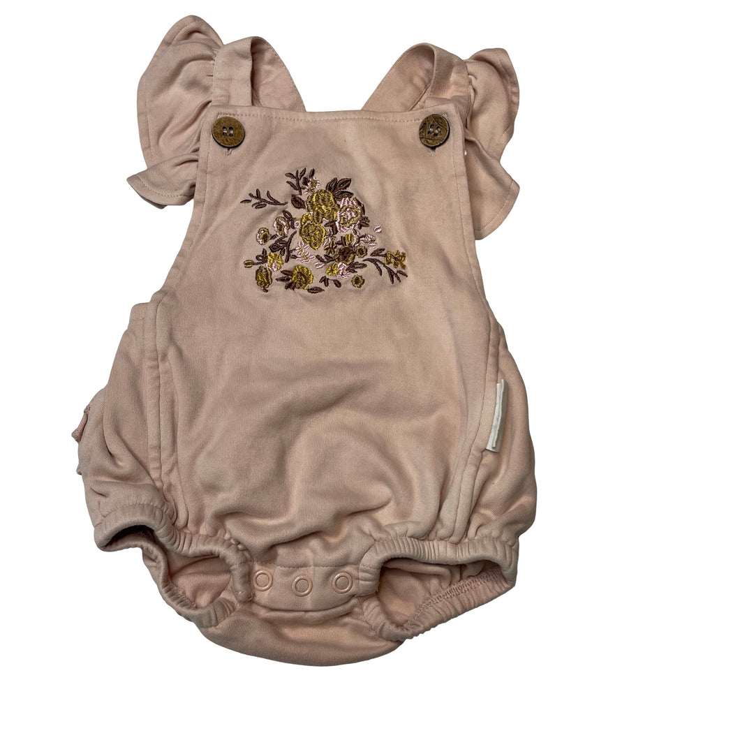 Girls Aster & Oak, embroidered organic cotton ruffle romper, EUC, size 0,  