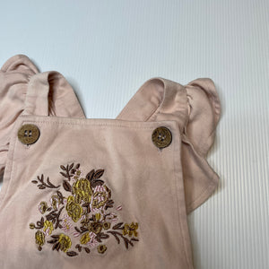 Girls Aster & Oak, embroidered organic cotton ruffle romper, EUC, size 0,  