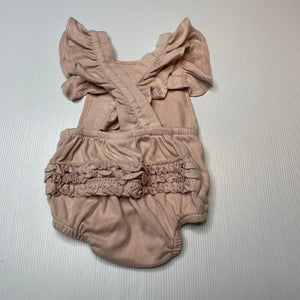 Girls Aster & Oak, embroidered organic cotton ruffle romper, EUC, size 0,  