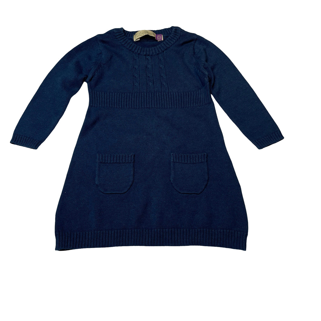 Girls Lily & Dan, navy knitted cotton long sleeve dress, GUC, size 0, L: 38cm