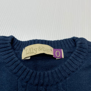 Girls Lily & Dan, navy knitted cotton long sleeve dress, GUC, size 0, L: 38cm