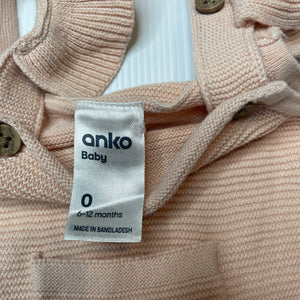 Girls Anko, pink knitted cotton overalls dress, EUC, size 0, L: 36cm
