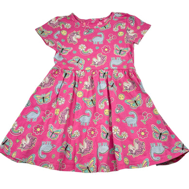 Girls Anko, cotton dress, unicorns & dinosaurs, GUC, size 4, L: 51cm