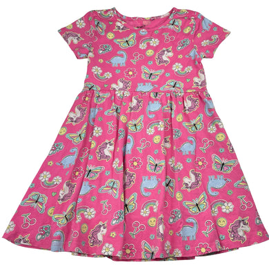 Girls Anko, cotton dress, unicorns & dinosaurs, GUC, size 7, L: 59cm