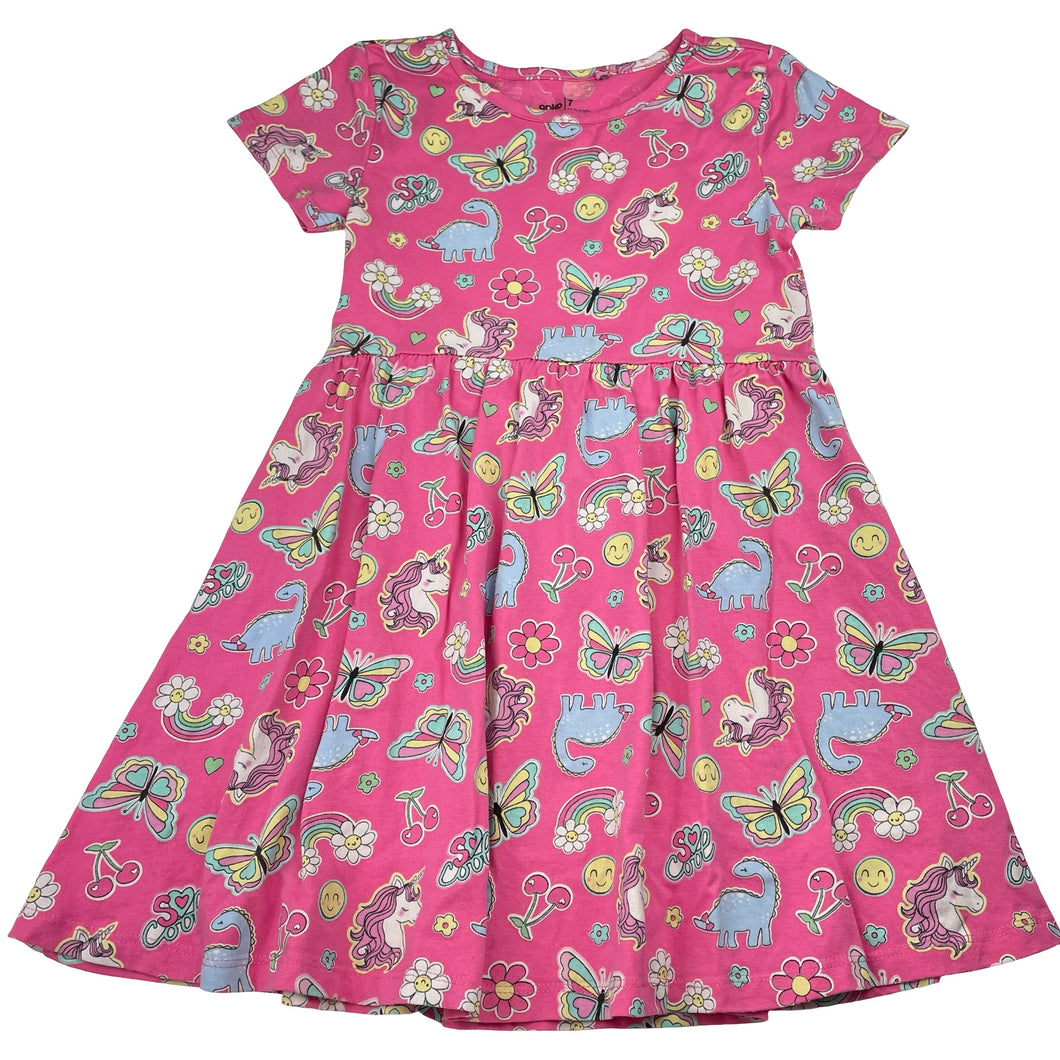 Girls Anko, cotton dress, unicorns & dinosaurs, GUC, size 7, L: 59cm