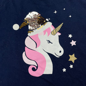 Girls Big W, navy Christmas tee / top, unicorn, GUC, size 5,  