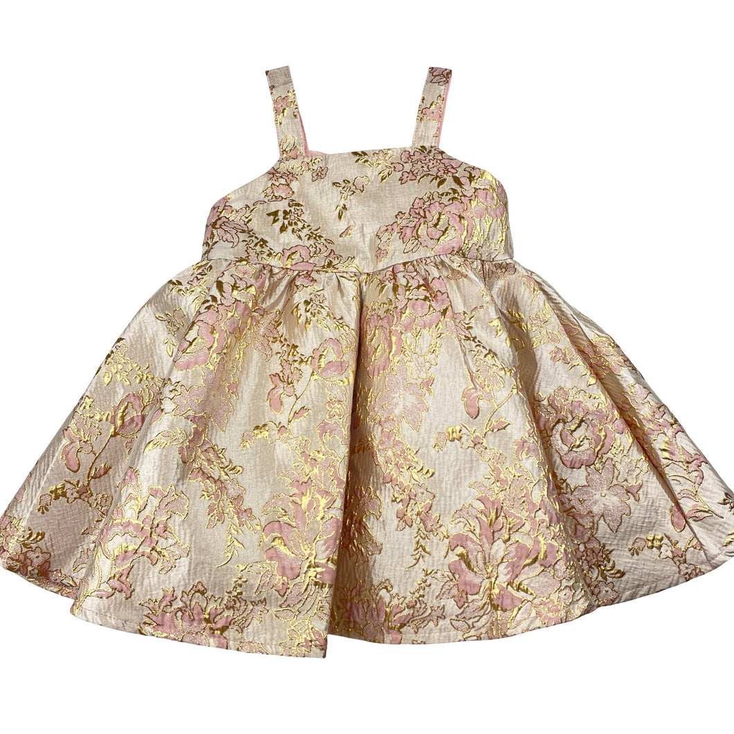 Girls SHEIN, lined gold & pink floral party dress, EUC, size 0, L: 43cm