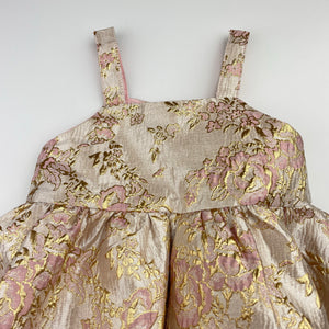 Girls SHEIN, lined gold & pink floral party dress, EUC, size 0, L: 43cm