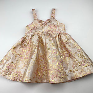 Girls SHEIN, lined gold & pink floral party dress, EUC, size 0, L: 43cm