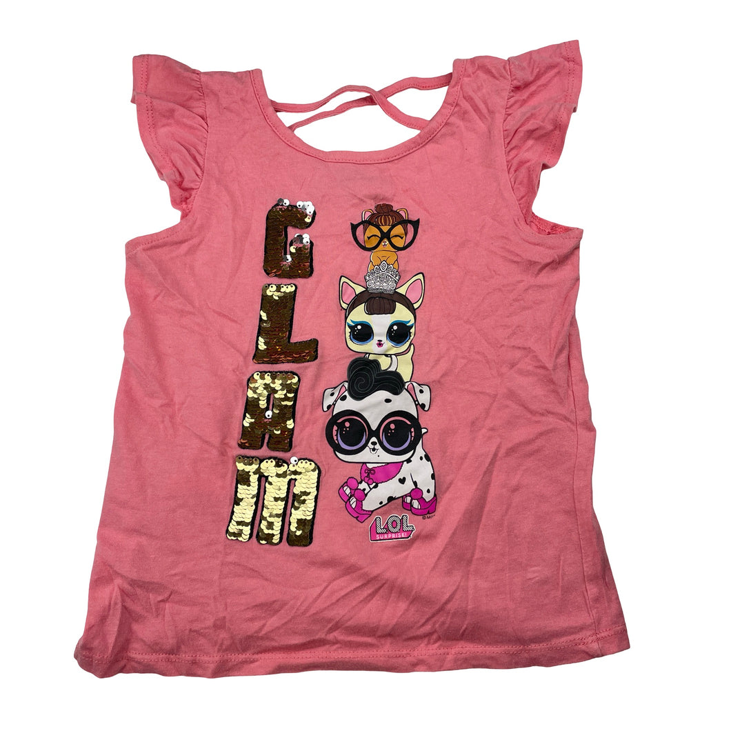 Girls LOL Surprise, flip sequin pink cotton top, no size, armpit to armpit: 32cm, GUC, size 5-6,  