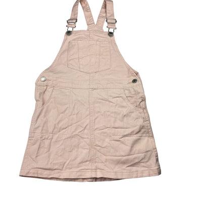 Girls H&M, pink denim overalls dress / pinafore, FUC, size 7, L: 62cm