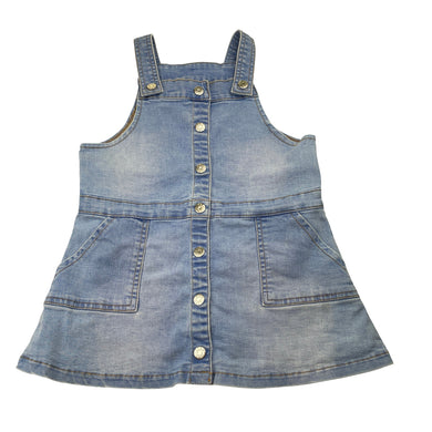 Girls Seed, blue stretch denim overalls dress, FUC, size 4, L: 51cm