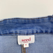 Load image into Gallery viewer, Girls Seed, blue stretch denim overalls dress, FUC, size 4, L: 51cm