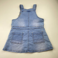 Load image into Gallery viewer, Girls Seed, blue stretch denim overalls dress, FUC, size 4, L: 51cm