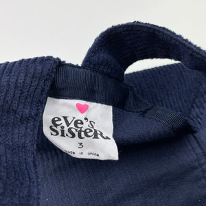 Girls Eve's Sister, navy chunky stretch corduroy overalls dress / pinafore, EUC, size 3, L: 50cm