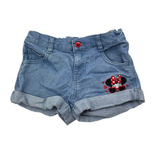 Load image into Gallery viewer, Girls Disney, Minnie Mouse embroidered lightweight stretch denim shorts, adjustable, GUC, size 5,  