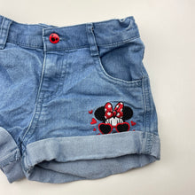 Load image into Gallery viewer, Girls Disney, Minnie Mouse embroidered lightweight stretch denim shorts, adjustable, GUC, size 5,  
