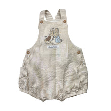 Load image into Gallery viewer, Unisex Beatrix Potter, Peter Rabbit, embroidered cotton romper, small mark on inside bib, GUC, size 0,  