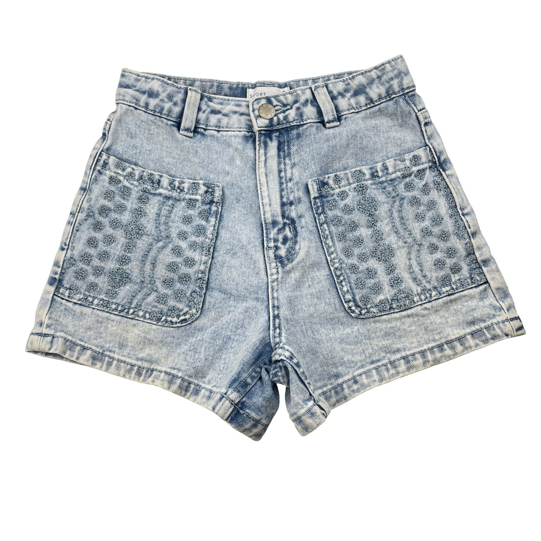 Girls Target, blue denim shorts, W: 29cm across, FUC, size 9,  