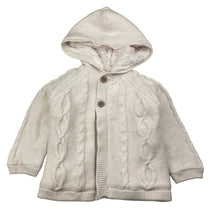 Load image into Gallery viewer, Girls Anko, faux fur lined knit cotton hooded cardigan, blue marks front &amp; back left cuff, FUC, size 1,  