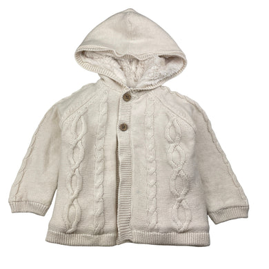 Girls Anko, faux fur lined knit cotton hooded cardigan, blue marks front & back left cuff, FUC, size 1,  