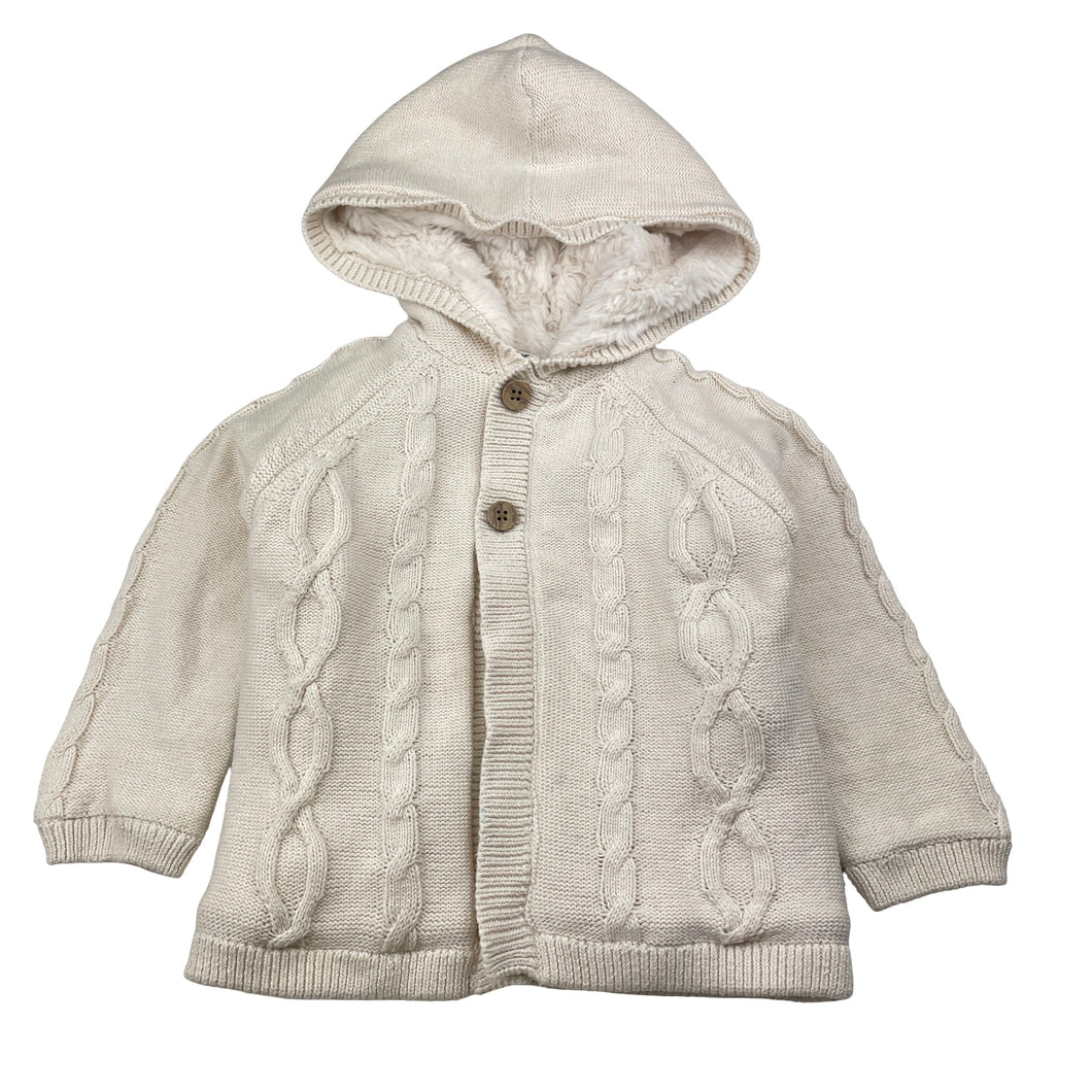 Girls Anko, faux fur lined knit cotton hooded cardigan, blue marks front & back left cuff, FUC, size 1,  