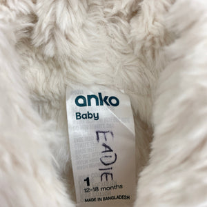 Girls Anko, faux fur lined knit cotton hooded cardigan, blue marks front & back left cuff, FUC, size 1,  
