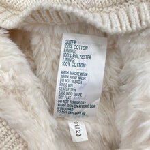 Load image into Gallery viewer, Girls Anko, faux fur lined knit cotton hooded cardigan, blue marks front &amp; back left cuff, FUC, size 1,  