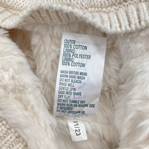 Girls Anko, faux fur lined knit cotton hooded cardigan, blue marks front & back left cuff, FUC, size 1,  