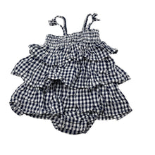 Load image into Gallery viewer, Girls Anko, navy check ruffle summer romper, GUC, size 0,  