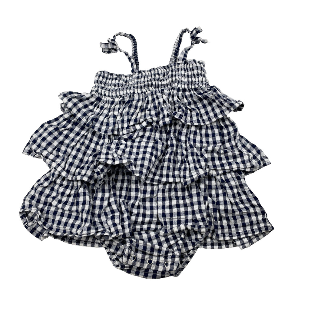Girls Anko, navy check ruffle summer romper, GUC, size 0,  