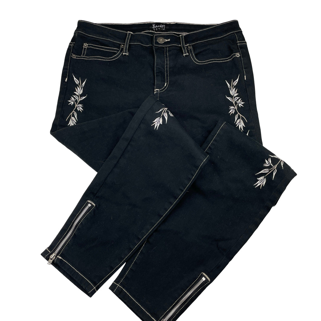 Womens Bardot Denim, embroidered stretch denim cropped pants, W: 38cm across, rise: 22.5cm, Inside leg: 70.5cm, EUC, size 12,  