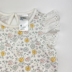 Girls Anko, broderie trim floral bodysuit / romper, FUC, size 0,  
