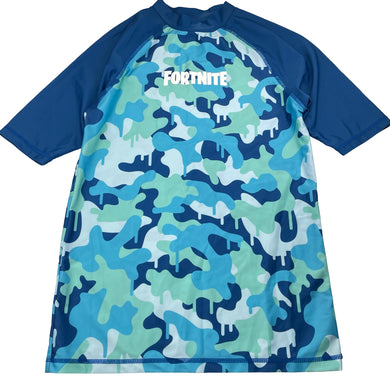 Boys FORTNITE, camo print short sleeve rashie / swim top, EUC, size 16,  