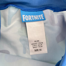 Load image into Gallery viewer, Boys FORTNITE, camo print short sleeve rashie / swim top, EUC, size 16,  